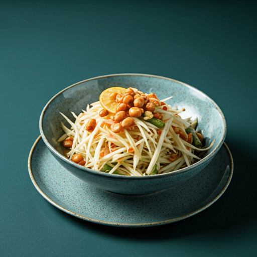 Fresh and crunchy shredded papaya with tomatoes, chilies, and tangy dressing