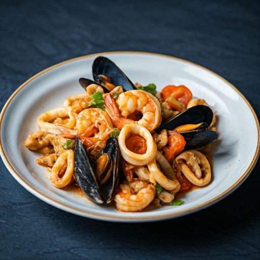 Stir-fry shrimp, calamari, and mussels with Hoang Khao's special sauce with bamboo shoot, onion, carrot, broccoli, basil, served with white rice.