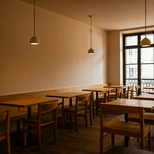 Warmly lit interior of the restaurant with wooden tables and chairs.