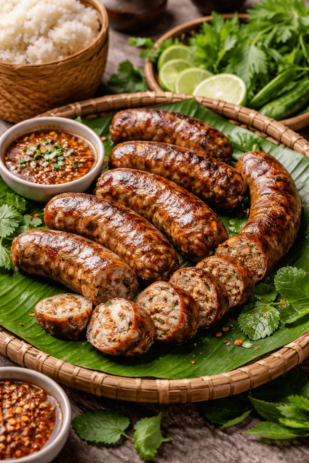 A sausage stuff with Lao herbs and seasoning with a juicy mince pork.